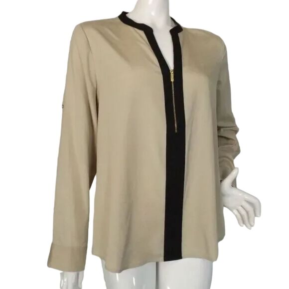 CALVIN KLEIN Blouse, L, Champagne/Black, Long Tab Sleeves, Zipper Neck - Picture 3 of 14